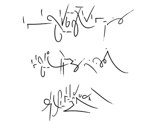 On a white background, five lines of writing in thin, black strokes, aligned to the center and surrounded by space. The writing is formed of short zigzags, loops, simple arcs, and combinations of these things, along with dots and straight lines in various directions. In some places, these components overlap and cluster together; in other places, strokes extend to create breathing room.