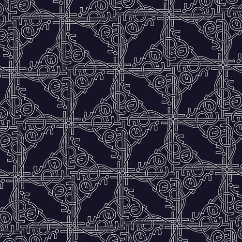 On a deep blue background, an elegant repeating pattern somewhat like a Celtic knot, but made of made of short, broken pieces of rubber band. These rectangles, loops, and curves of uniform width are outlined by thin silver lines; in some places they overlap and weave togehter; in others they merely touch. The overall pattern is built around a lattice, created by several aligned straight strokes; as the pattern is rotationally symmetrical, these strokes appear both horizontally and vertically. Large circular regions of negative space overlap with each other, with symmetrical clusters of strokes inside.