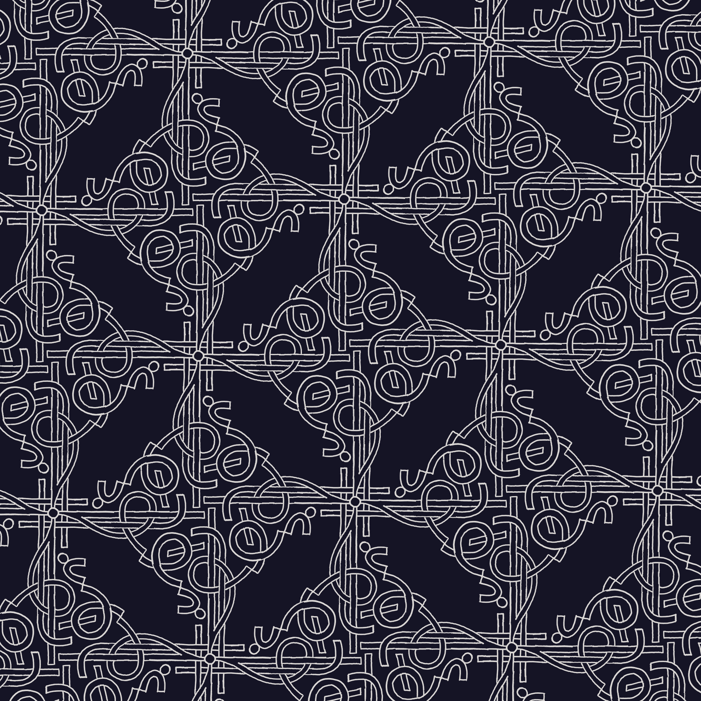 On a deep blue background, an elegant repeating pattern somewhat like a Celtic knot, but made of made of short, broken pieces of rubber band. These rectangles, loops, and curves of uniform width are outlined by thin silver lines; in some places they overlap and weave togehter; in others they merely touch. The overall pattern is built around a lattice, created by several aligned straight strokes; as the pattern is rotationally symmetrical, these strokes appear both horizontally and vertically. Large circular regions of negative space overlap with each other, with symmetrical clusters of strokes inside.