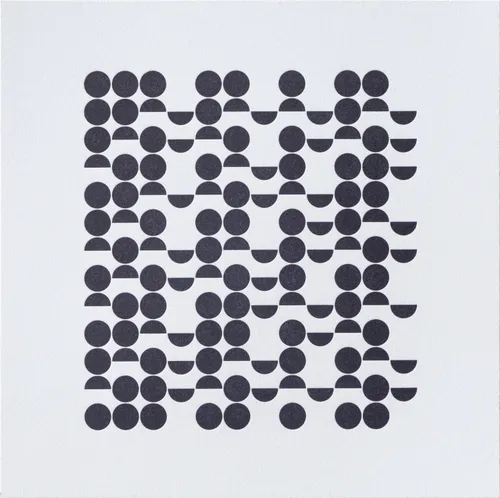 Square letterpress print. An even grid of circles and semicircles, nearly touching each other, is printed in dark gray ink. Some cells in this grid are occupied by a full circle, while others have only the top or the bottom half of a circle, and other cells are blank. Some columns of this grid have many full circles, while others have none, creating a pattern of uneven vertical bands. This pattern intersects with a more subtle pattern of diagonal bands, as if to be an abstraction of ripples overlapping on water.