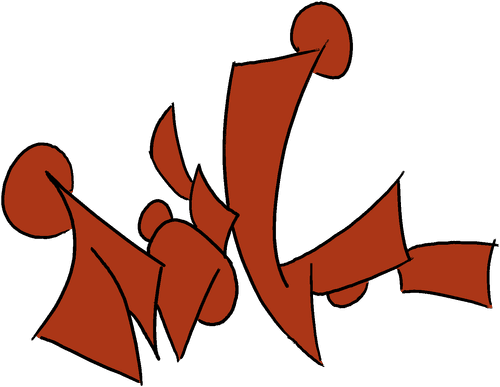 An asymmetrical graffiti-like composition in orange, outlined in black. Folded sheets of shape poke into each other and curve against each other, with circles and ovals peeking over the edges from behind. Most of the angles are sharp and no edge is perfectly straight.