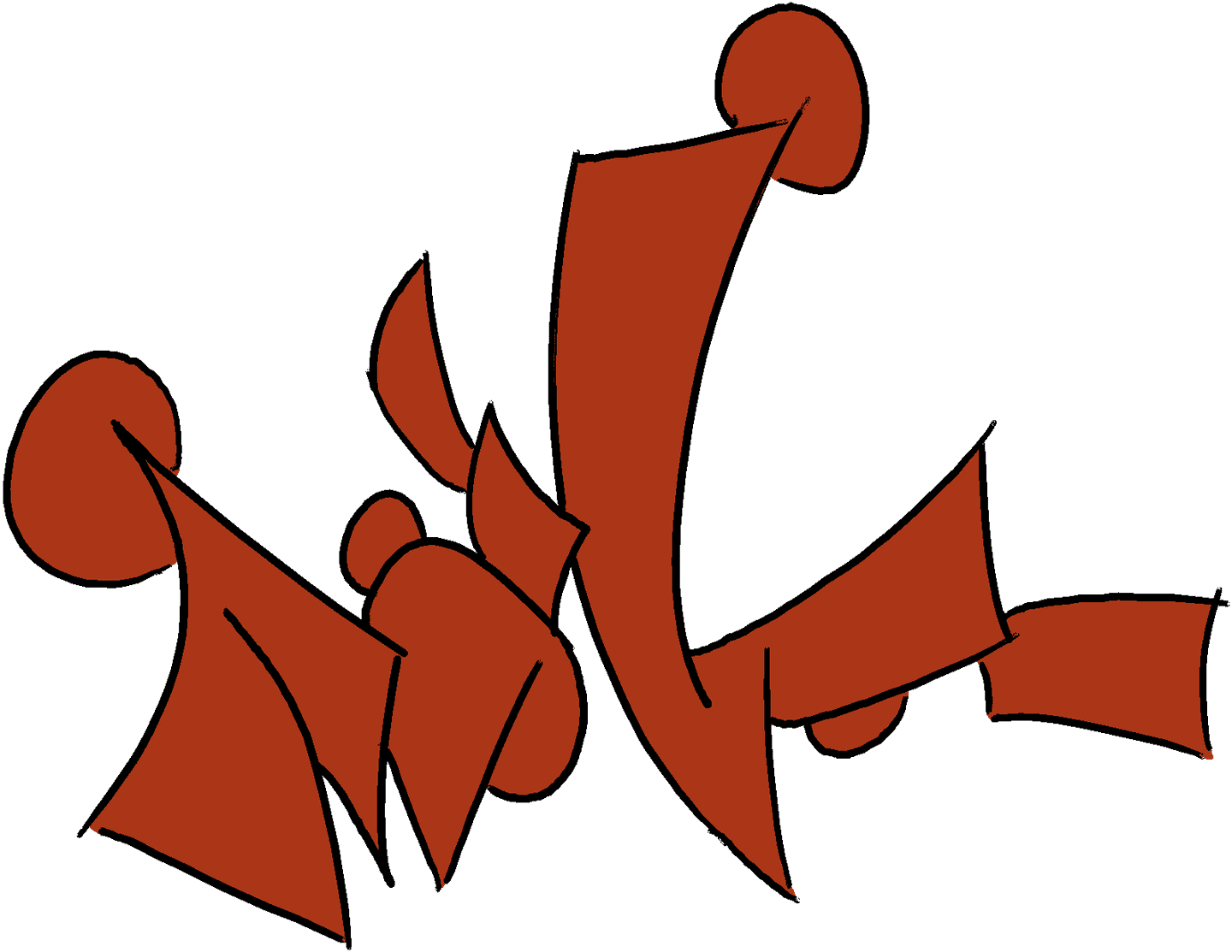 An asymmetrical graffiti-like composition in orange, outlined in black. Folded sheets of shape poke into each other and curve against each other, with circles and ovals peeking over the edges from behind. Most of the angles are sharp and no edge is perfectly straight.