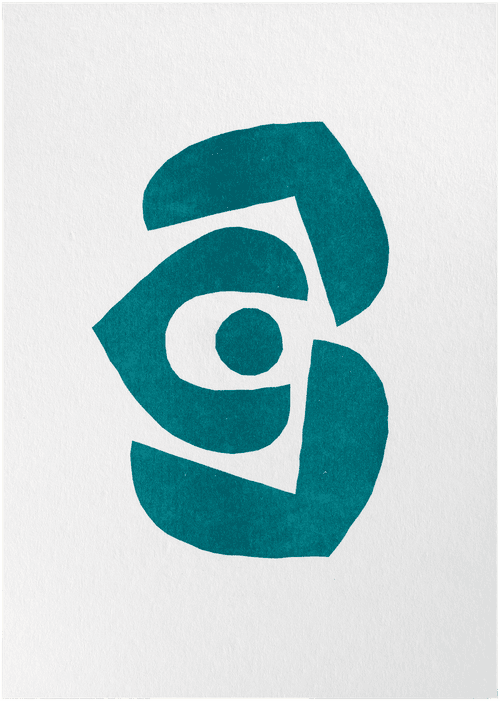 Risograph print, taller than it is wide. In the center is a symbol in teal composed of four solid shapes; they are layered around each other like rose petals. At the very center of the symbol is a small circle, which is nestled into a sideways heart-like shape with a large round opening between the lobes. This shape is held in turn by two other shapes above and below it, like open claws or pistachio shells.