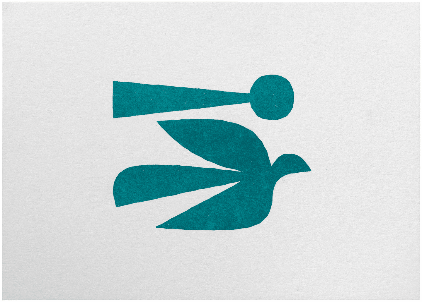 Risograph print, wider than it is tall. In the center is a symbol in teal composed of two solid shapes. The bottom shape is a stylized bird; its outline is made of a few nearly-geometric arcs and straight lines; it flies swiftly to the right. Above it, nearly touching, is a comet-like shape: a small circle, nearly above the bird’s head, with a long, wedge-shaped tail extending as far back as the bird’s tail.