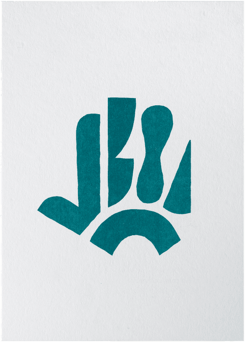 Risograph print, taller than it is wide. In the center is a symbol in teal composed of five solid shapes, resembling a right hand. The bottom shape is a thick arch; the fingers are arranged on top of it. The thumb and index finger are joined into one shape. The middle finger is flat on the left side, while the right side resembles two large curved teeth of a saw blade. The ring finger is like an elongated peanut with two lobes; the little finger is like a thin pie slice pointing outward.