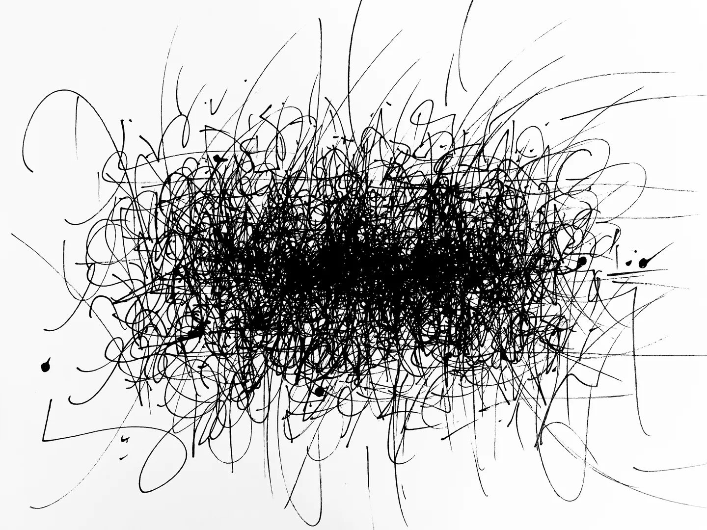 A energetic, vaguely Pollock-esque clump of black strokes, wider than it is tall. Right in the the middle they are so densely layered that it is almost fully black; toward the edge, they quickly get less dense. Individual strokes are visible around the edges: they are large and hastily-drawn, in some places curved and in others closer to straight; in some places angles are visible. In some places the ink fades out to almost nothing, and in other places drops of ink have dripped out of the pen to blot the paper. It’s a ball of knotted fibers pulling itself apart, but trying to say something to you.