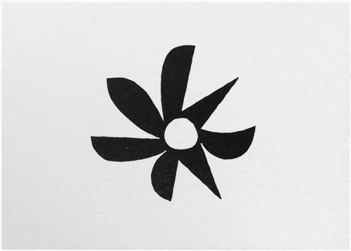 Risograph print, wider than it is tall. In the center is a black spiky shape with a circular hole in the middle. Each of the seven spikes has a different shape: some are curved on one side and stright on the other; some are curved on both sides; some are straight on both sides; one is curved like a smile or a sickle. The shape rests on two of these spikes, as if it is walking.