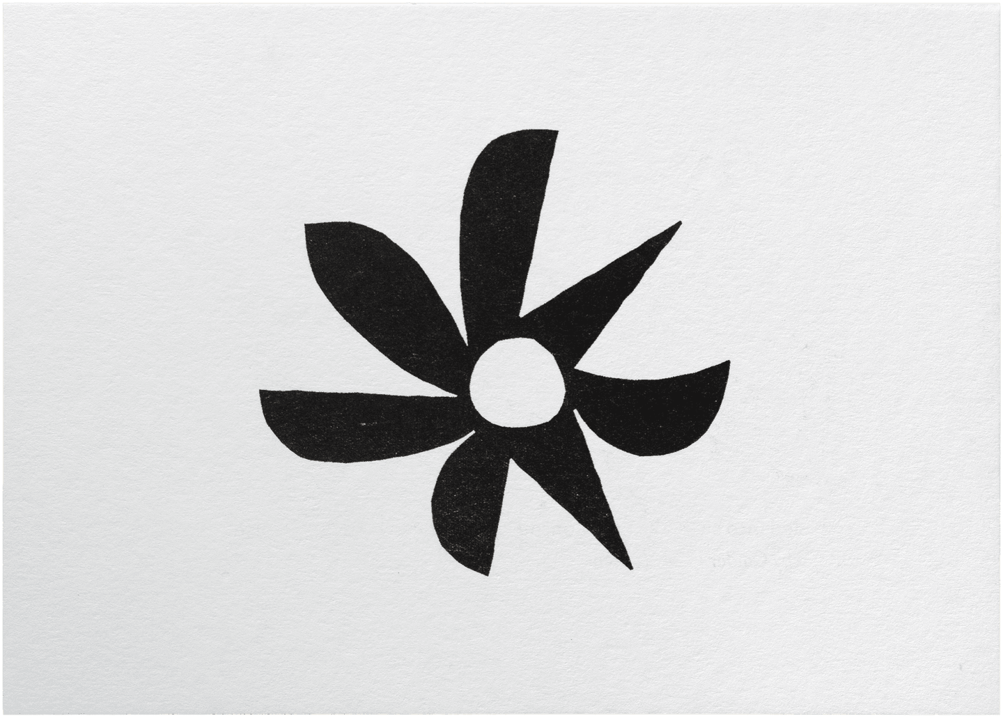 Risograph print, wider than it is tall. In the center is a black spiky shape with a circular hole in the middle. Each of the seven spikes has a different shape: some are curved on one side and stright on the other; some are curved on both sides; some are straight on both sides; one is curved like a smile or a sickle. The shape rests on two of these spikes, as if it is walking.