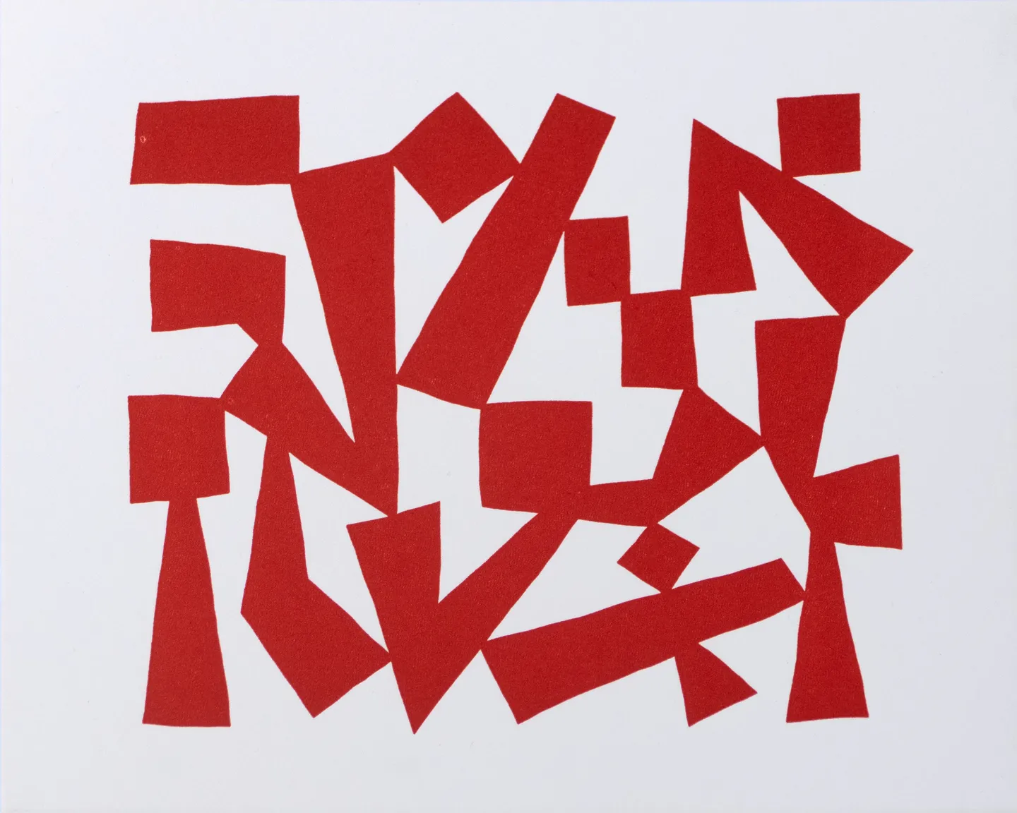 Letterpress print, wider than it is tall. A roughly rectangular field is filled with an unstable composition of angular red shapes with imperfectly straight edges, touching each other at their corners and sides. Some of the red shapes are squares or triangles; others are rectangles or other elongated shapes, often bent in the middle at sharp angles. The white spaces between them are spiky, like lightning bolts or maple leaves.