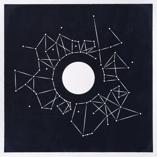 Square screen print. A thin white border surrounds a dark blue field. In the center is a white sun-like shape, a star with so many points it’s nearly a circle. Surrounding this sun are many small white dots, arranged irregularly like the stars in the sky, and connected with white lines. Rather than forming separate constellations, almost all these stars are connected into one complex network, and in many places the lines cross each other. The overall composition feels asymmetrical yet balanced.