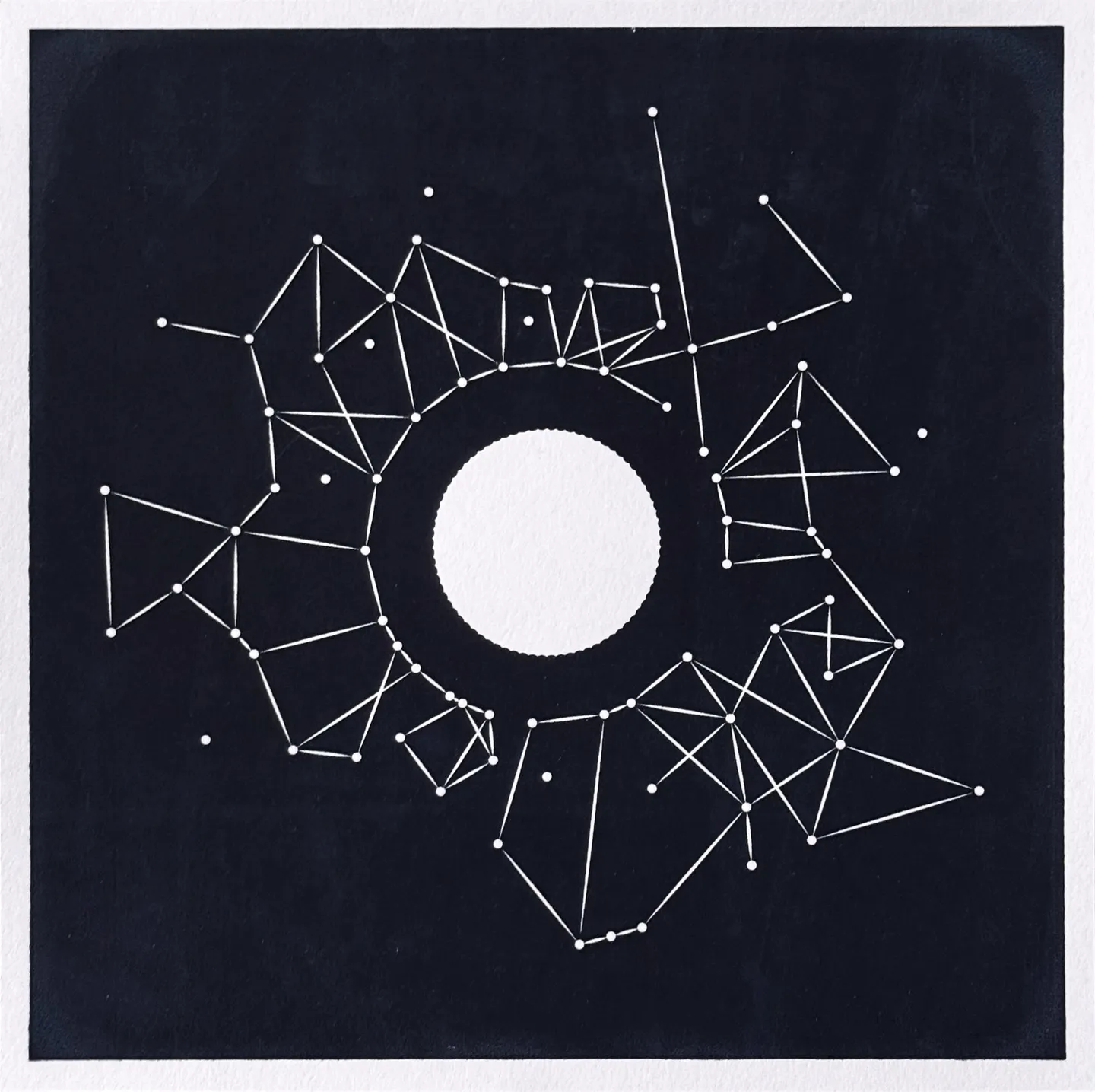 Square screen print. A thin white border surrounds a dark blue field. In the center is a white sun-like shape, a star with so many points it’s nearly a circle. Surrounding this sun are many small white dots, arranged irregularly like the stars in the sky, and connected with white lines. Rather than forming separate constellations, almost all these stars are connected into one complex network, and in many places the lines cross each other. The overall composition feels asymmetrical yet balanced.
