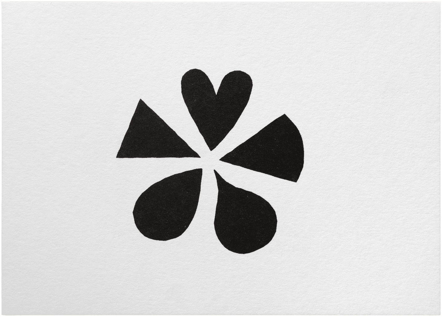 Risograph print, wider than it is tall. In the center is a symbol in black composed of five solid shapes of similar size. A heart, a pie slice, two different water drops, and an isosceles triangle are arranged with their points nearly touching each other in the center, so that the whole symbol resembles an irregular asterisk.