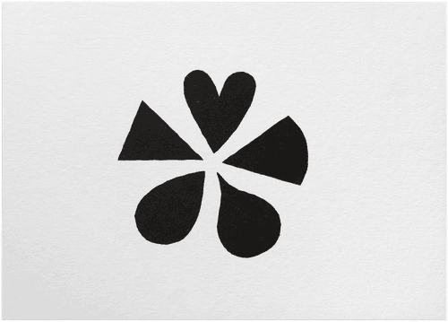Risograph print, wider than it is tall. In the center is a symbol in black composed of five solid shapes of similar size. A heart, a pie slice, two different water drops, and an isosceles triangle are arranged with their points nearly touching each other in the center, so that the whole symbol resembles an irregular asterisk.