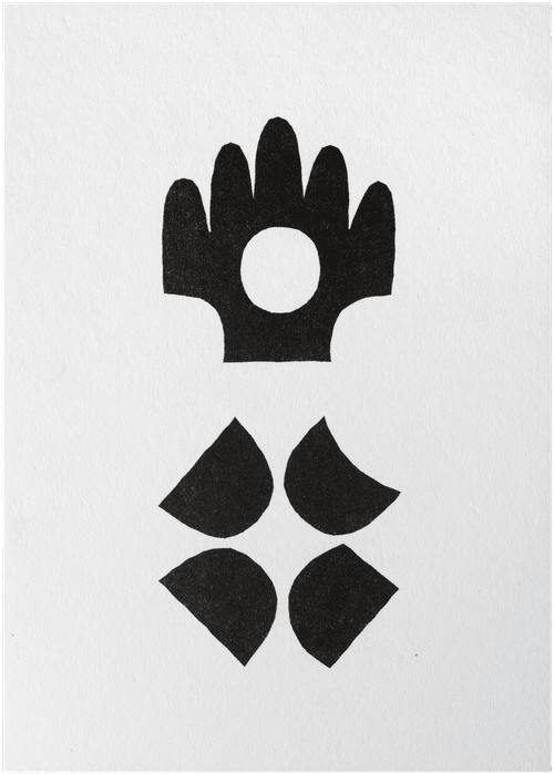 Risograph print, taller than it is wide. Two black symbols are arranged on top of each other. The top symbol resembles a symmetrical hand whose fingers are all equally short. The fingers farther to the edge are lower, so the shape as a whole resembles a house with a pointed roof. This shape has a circular hole in the middle. The bottom symbol is formed from four simple shapes of similar size arranged like an X around a central point; their curved sides are facing inward, and their points are facing outward.