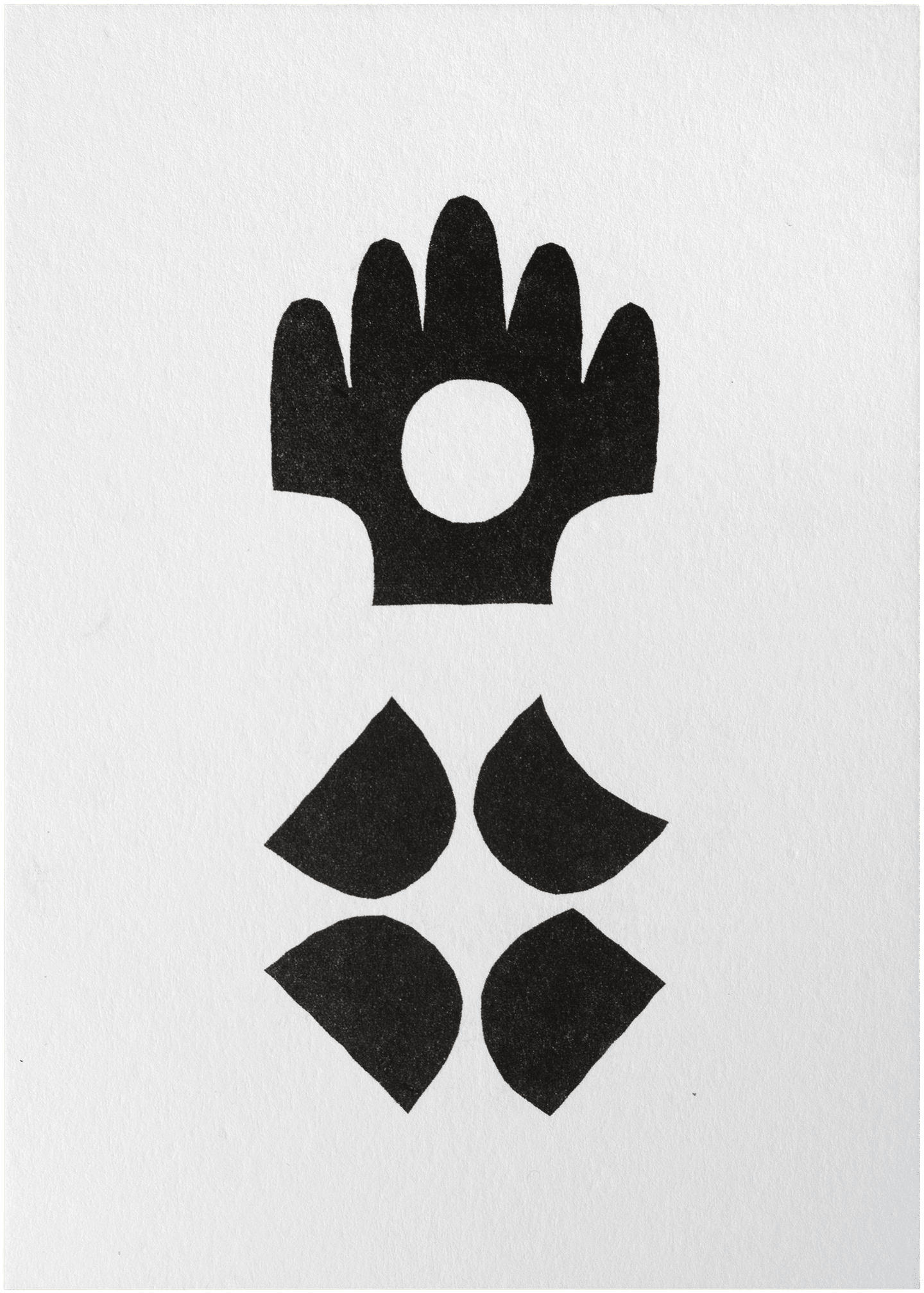 Risograph print, taller than it is wide. Two black symbols are arranged on top of each other. The top symbol resembles a symmetrical hand whose fingers are all equally short. The fingers farther to the edge are lower, so the shape as a whole resembles a house with a pointed roof. This shape has a circular hole in the middle. The bottom symbol is formed from four simple shapes of similar size arranged like an X around a central point; their curved sides are facing inward, and their points are facing outward.